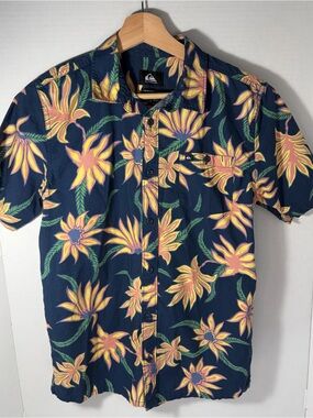 Quiksilver Navy Blue Floral Camp Shirt with Yellow-Pink Blooms